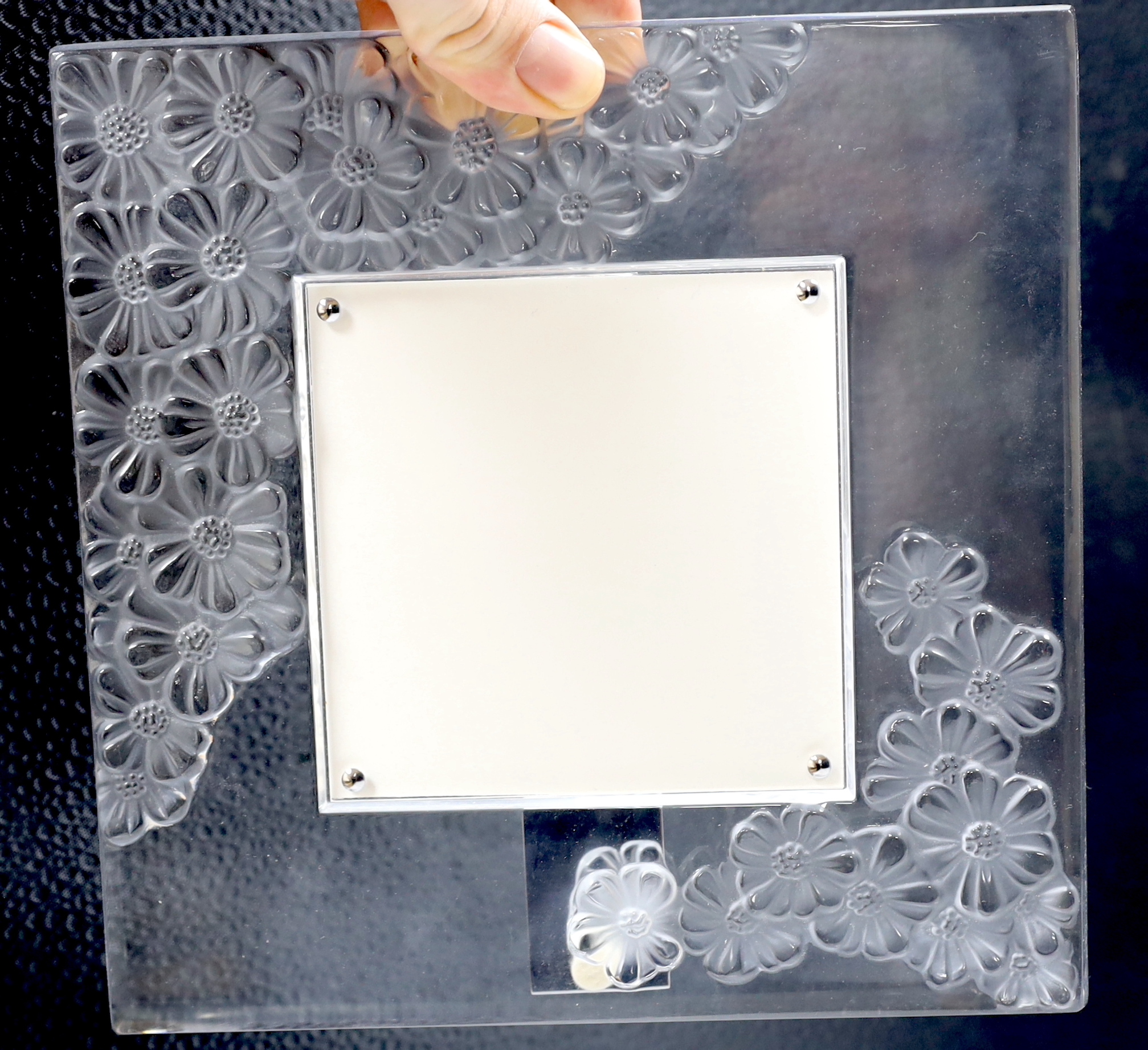 A Lalique easel floral photograph frame, signed, with box, 21cm high